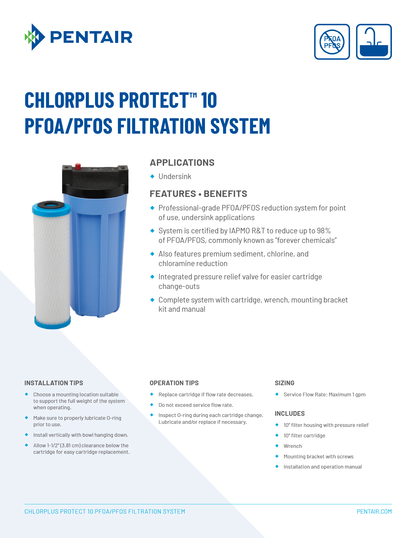 PENTAIR ChlorPlus Protect 10” PFOA/PFOS Undersink Filter System