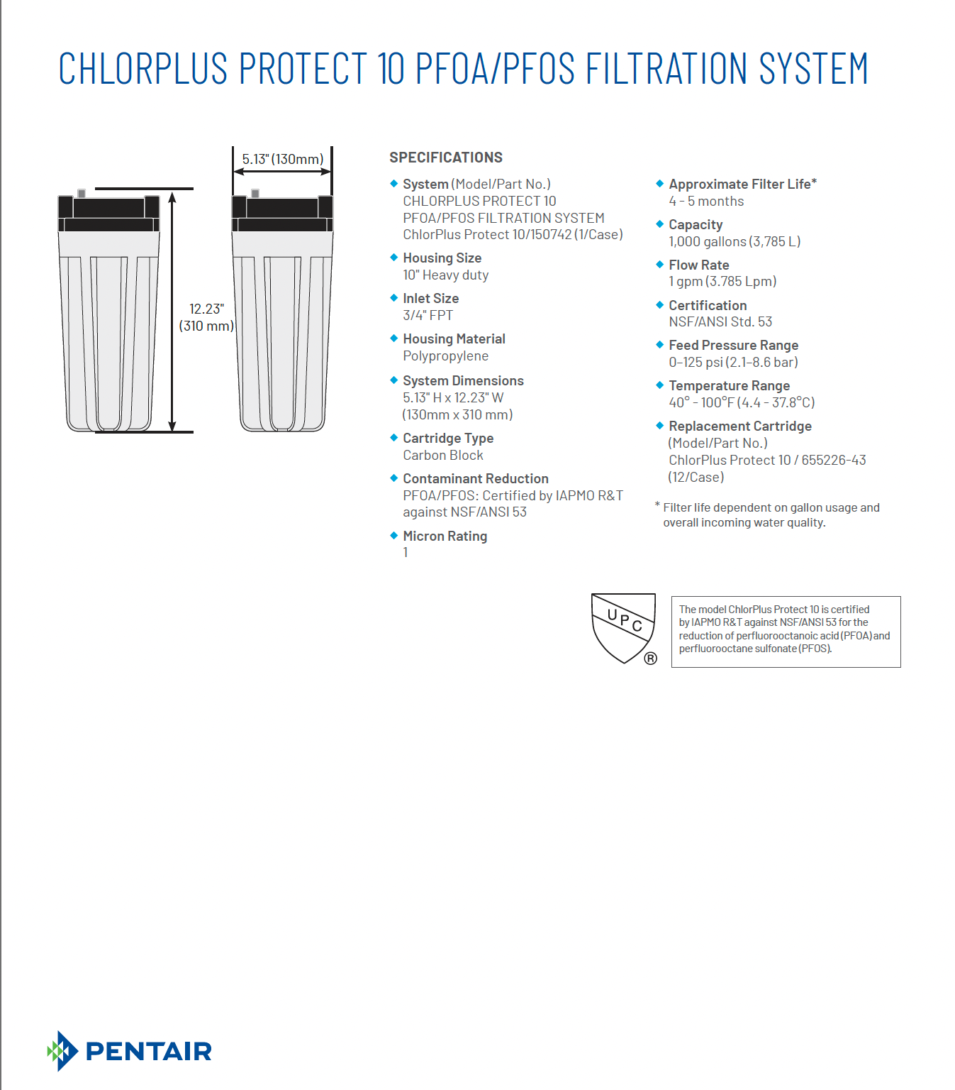 PENTAIR ChlorPlus Protect 10” PFOA/PFOS Undersink Filter System