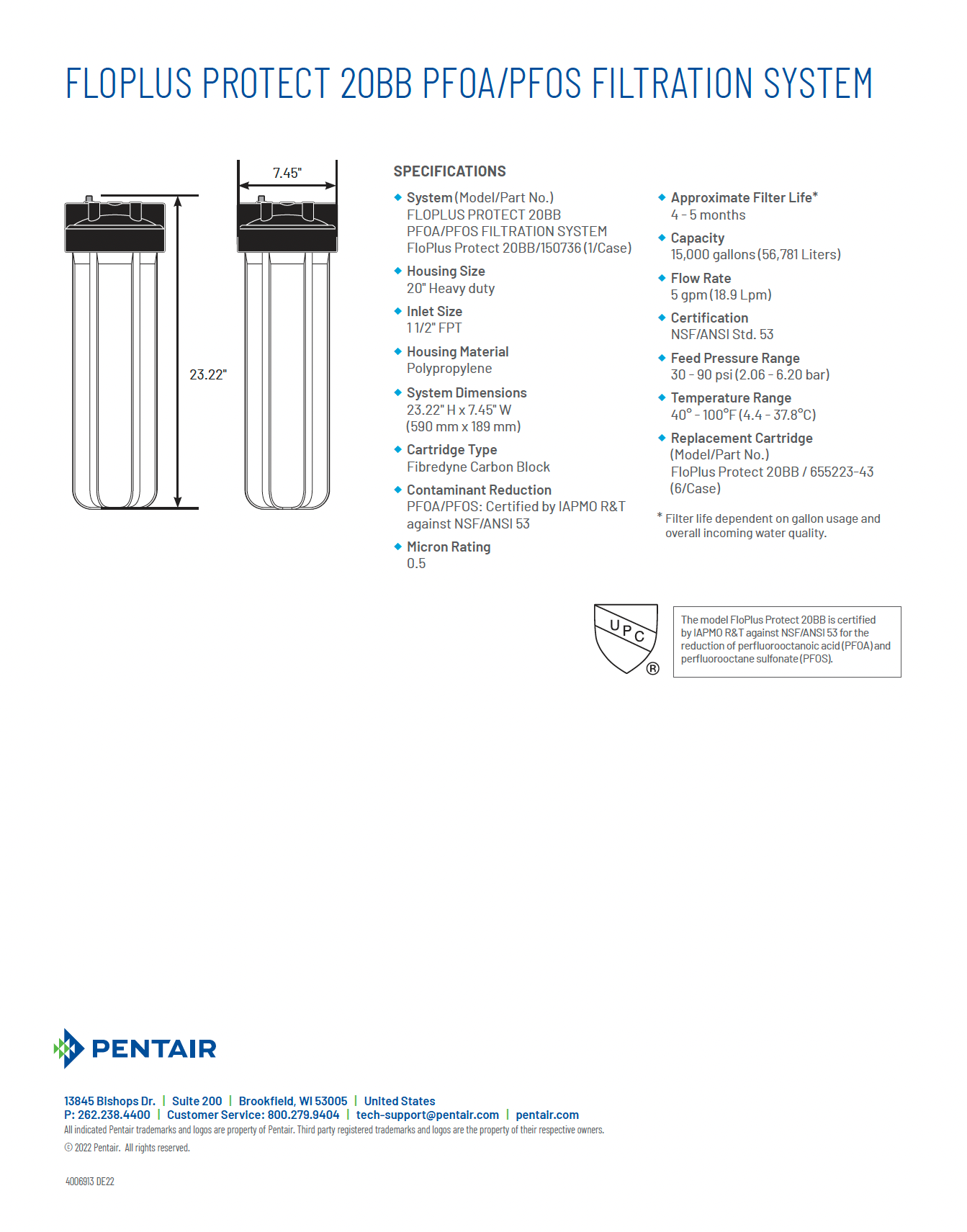 PENTAIR FloPlus Protect 20” Big Blue PFOA/PFOS Whole House Filter System